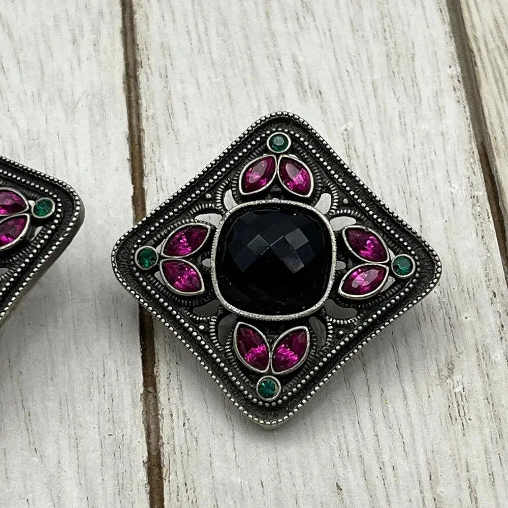 Clip On EARRINGS Pink Black Green Rhinestone Silver Tone 1.5